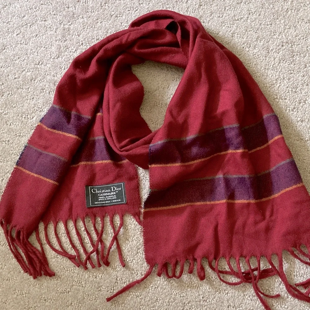 Christian Dior red Cashmaire acrylic scarf, 11'' x 55''.